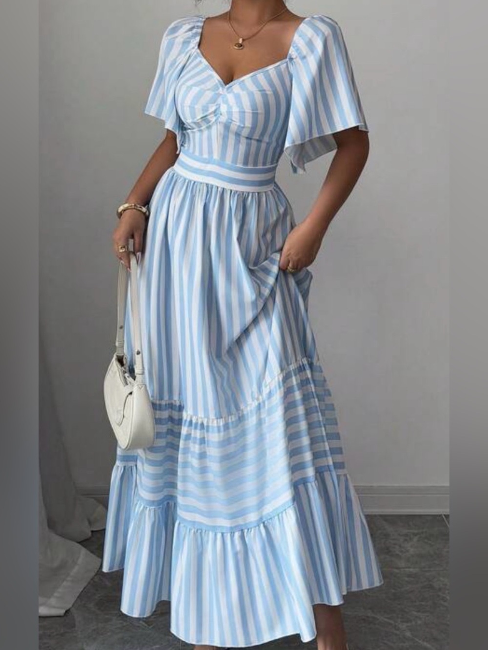 SHEIN Blue and White Striped Maxi Dress Feminine Coastal Chic Classic